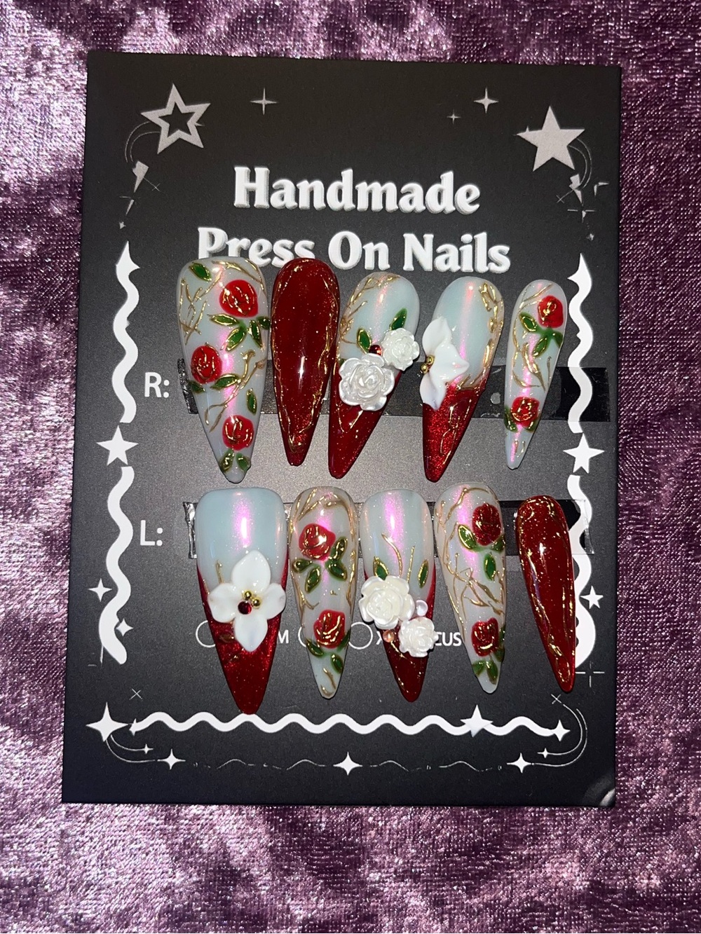 Handmade Red Floral Press-On Nails with 3D Accents